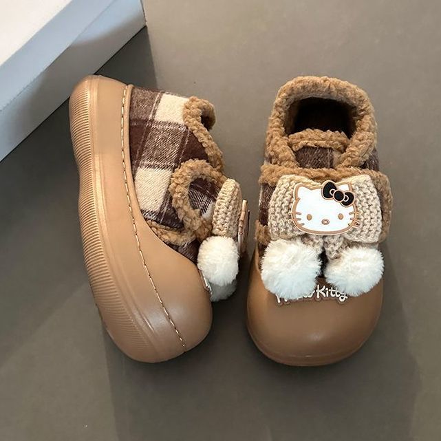 时尚百搭可爱卡通kt猫厚底雪地靴女2025秋冬新款毛茸茸毛球毛毛鞋