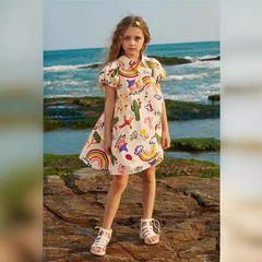 女童塗鴉風連衣裙2024夏季新款韓版寶寶卡通翻領泡泡袖薄款襯衫裙