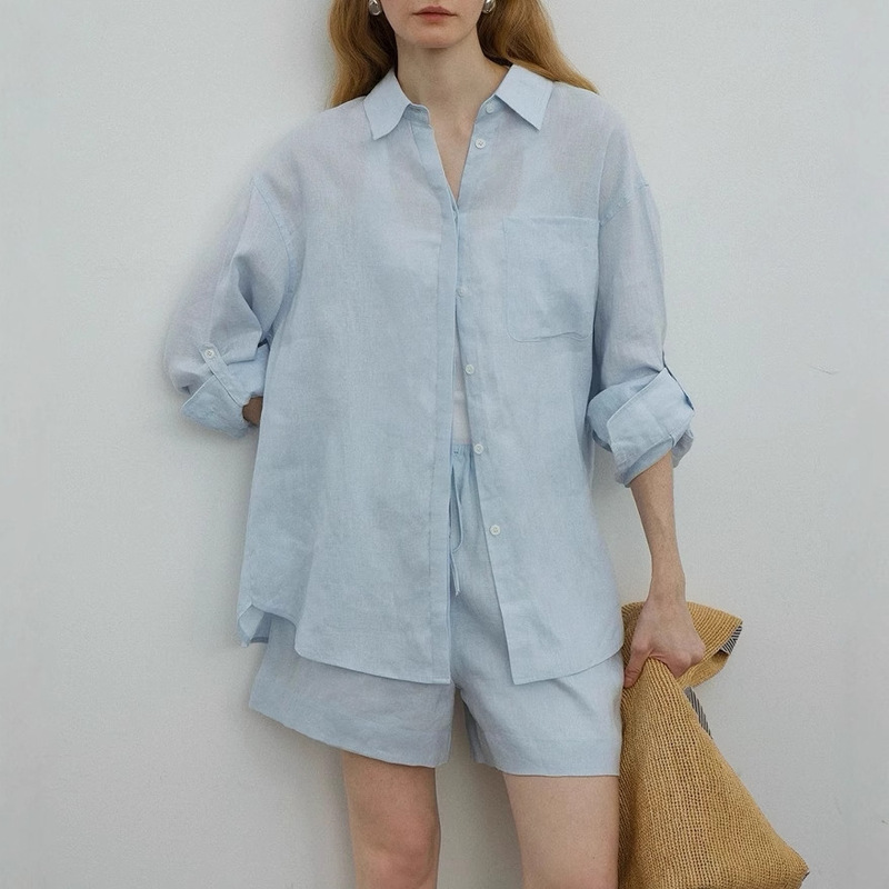 Countonm Relaxed Summer/Lazy Casual Style Full Linen Silhouette Shirt/Shorts Sun Protection Suit