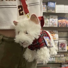 韩系红格子西高地毛绒背包新款可爱少女单肩包卡通小狗公仔斜跨包