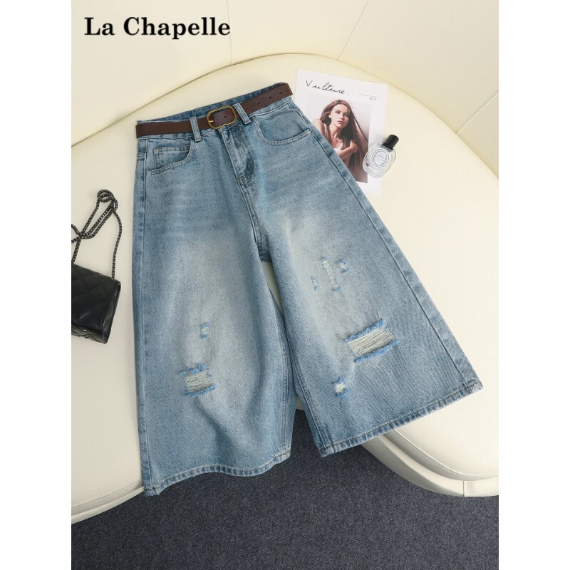La Chapelle light blue ripped cropped denim shorts for women, summer thin style, 2026 new loose 7-point mid-length pants