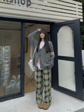 kumikumi慵懒风套装撞色毛衣外套女装春季松紧腰格子休闲裤两件套