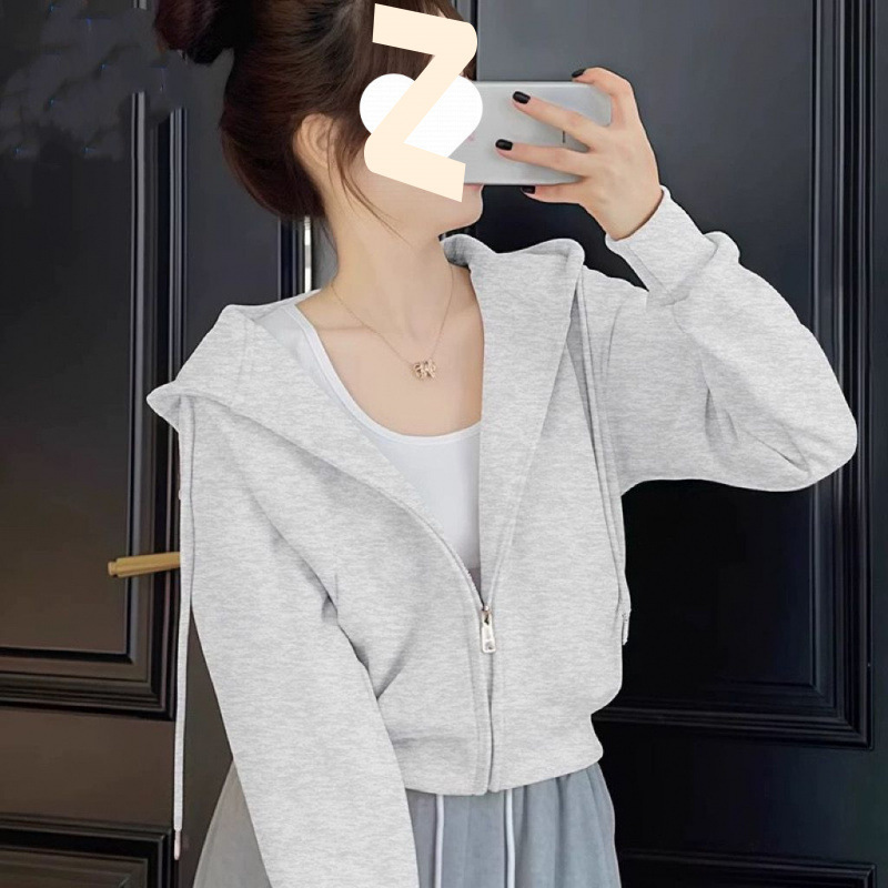 白灰卫衣开衫女2025春秋新款宽松休闲连帽棒球服短款美式运动外套|undefined