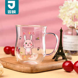 卡通耐热家用水杯立体小兔子透明玻璃杯冰淇凌萌芽兔杯牛奶饮料杯