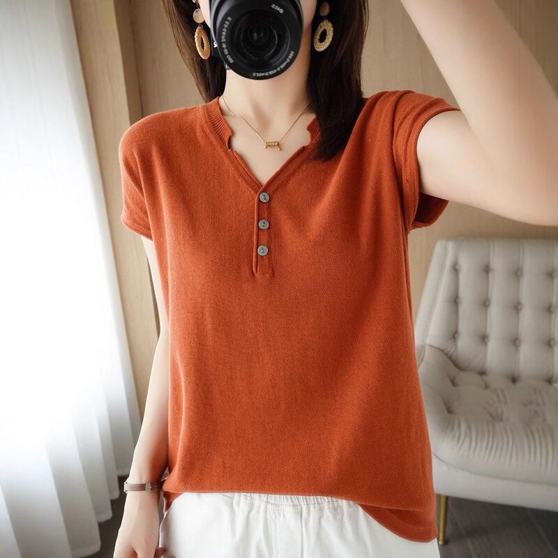 Summer Cotton and Linen V-Neck Half-Sleeved T-Shirt for Women 2022 New Style Linen Loose Pure Color Short-Sleeved Buttoned Pure Color Knitted Top