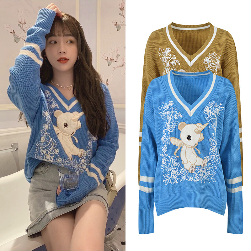 Unique Design Unicorn Pattern Decorative Knit Sweater Cute Cartoon Embroidery Sweater Color-Block Striped Top for Women Unique Design Unicorn Pattern Decorative Knit Sweater Cute Cartoon Embroidery Sweater Color-Block Striped Top for Women