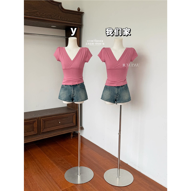1*1 Modal American-Style Deep V-Neck Short-Sleeved T-Shirt for Women, Summer Design, Pink Slim-Fit Short Top, Hot Girl Style