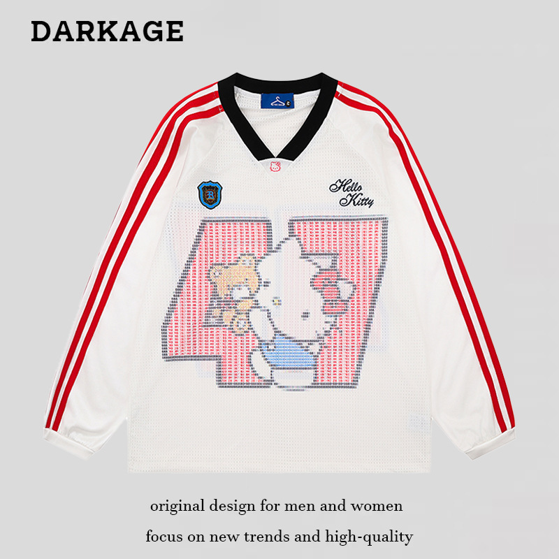 American Sports Style Hello Kitty Printed Long-Sleeved Jersey for Women 2025 Autum Retro Breathable Mesh Loose Top American Sports Style Hello Kitty Printed Long-Sleeved Jersey for Women 2025 Autum Retro Breathable Mesh Loose Top