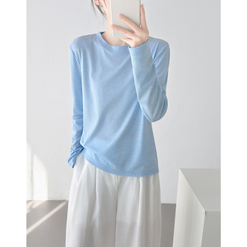 Air Conditioning T-Shirt, Cool Tencel Short-Sleeve Linen Round-Neck T-Shirt, Summer Thin Loose Versatile Long-Sleeve Sun Protection Cover-Up