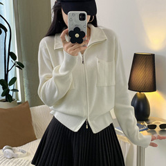 韩系设计感双拉链翻领长袖针织开衫女装秋季气质法式显瘦上衣外套