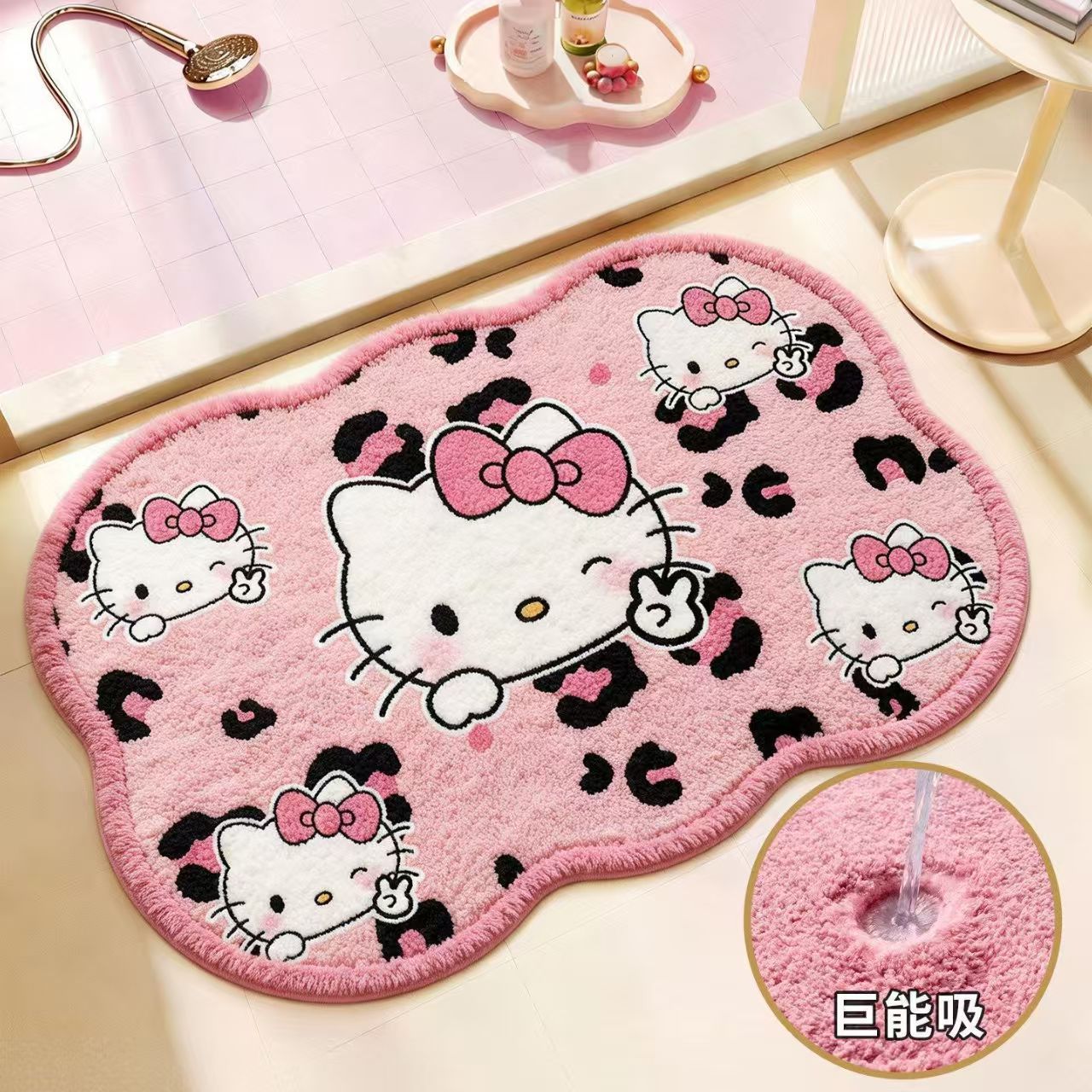 Cute Cartoon Hello Kitty Imitation Cashmere Floor Mat for Bedroom, Skin-Friendly Plush Cooling Bedside Rug, Stain-Resistant and Easy-Care Floor Mat