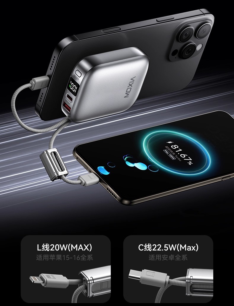 Mini tragbares Hochleistungs-Schnelllade-Powerbank 20000 mAh mit integriertem Kabel, kompakt und tragbar