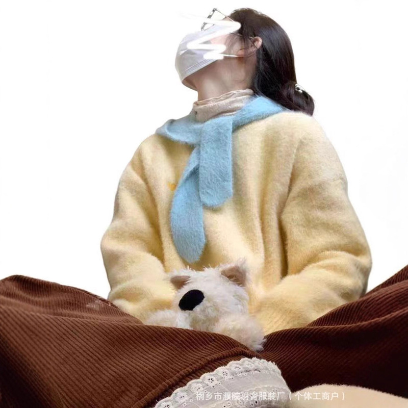 软糯毛衣女水貂绒氛围感2025秋冬新款宽松可爱围巾套头针织两件套|undefined