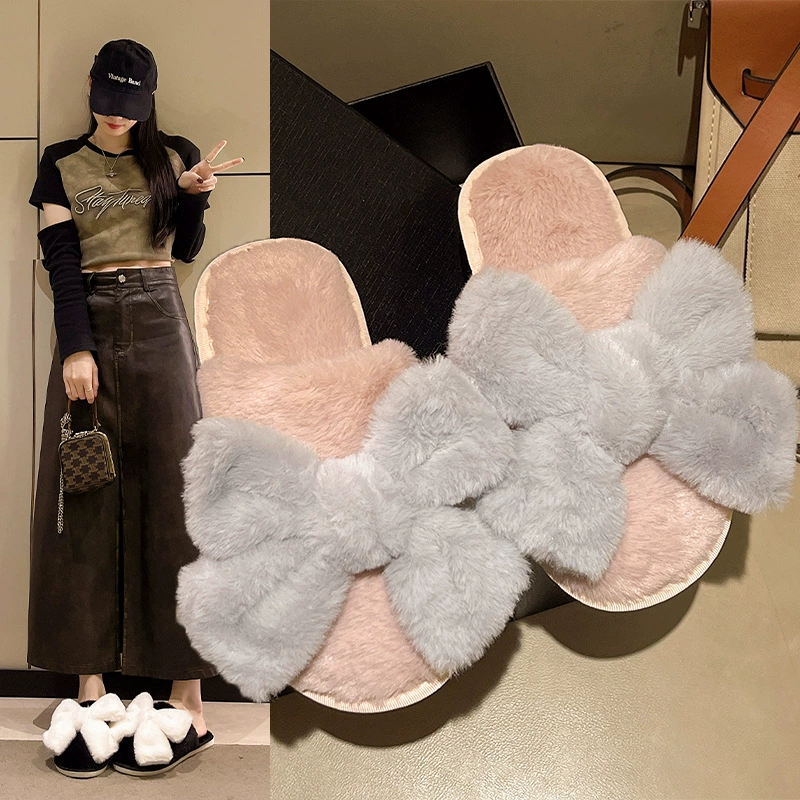 Шерстяные тапочки женские корейская мода для дома осенью и зимой плюшевые банты теплые нежные хлопчатобумажные тапочки женские
