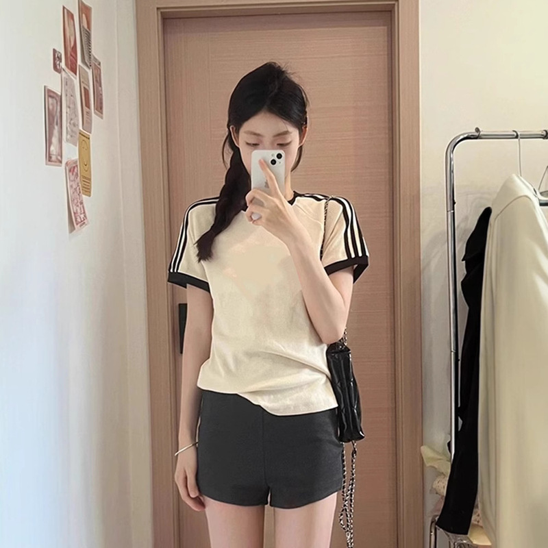Classic Contrast Color Three-Stripe Summer Sports Short-Sleeved Pure Cotton T-Shirt Women's Slim Fit Right Shoulder Round Neck Sexy Top Classic Contrast Color Three-Stripe Summer Sports Short-Sleeved Pure Cotton T-Shirt Women's Slim Fit Right Shoulder Round Neck Sexy Top