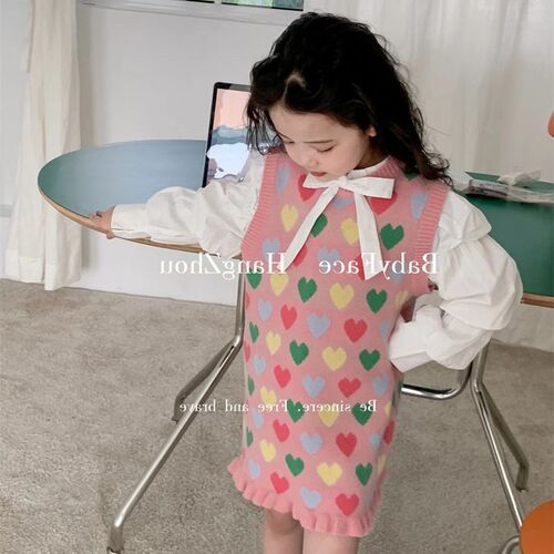 Girls' Set 2024 Spring New Arrival Korean Style Children's Bubble Sleeve Butterfly Knot Shirt Love Knit Princess Dress