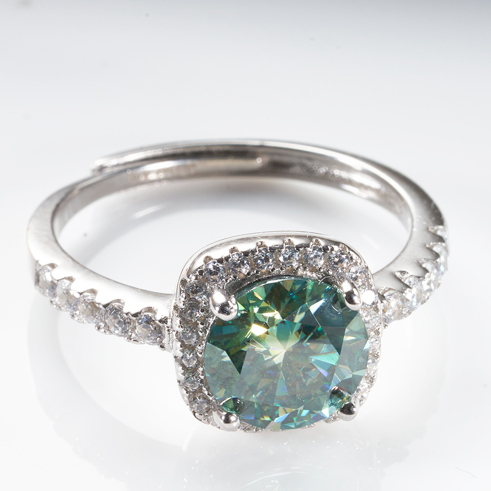 S925 plata esterlina pt950 oro femenino 1 quilates azul verde anillo de diamante de mosaico cuatro garras paquete cuadrado anillo de piedra de mosaico