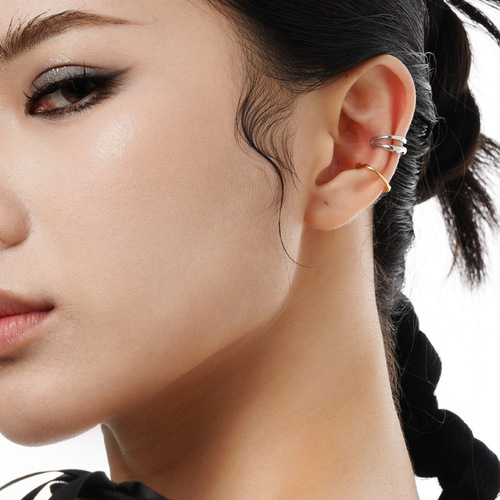 E5042 Korean S925 sterling silver ins style irregular line double layer hollow ear clip without piercing ear bone clip for women