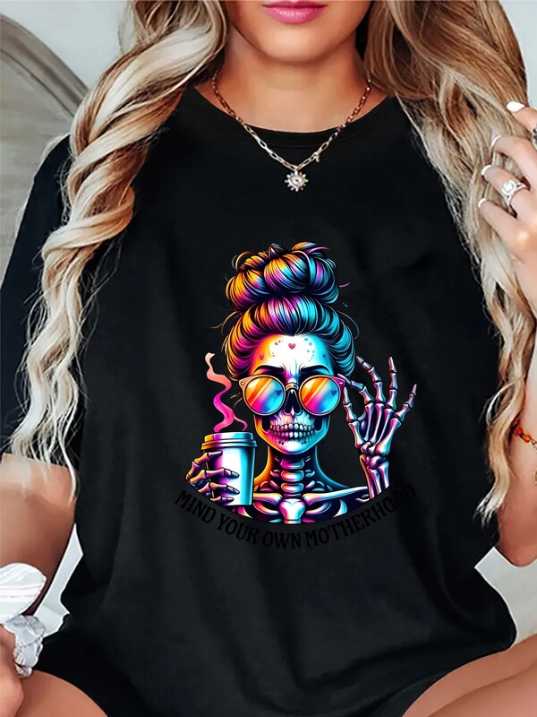 Women's Casual Short Sleeve T-Shirt - Halloween Skull Pattern Print, with the Slogan "Find Your Own Path"