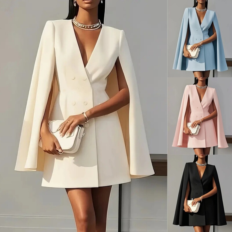 2026 New European and American Style Amazon Independent Site Spring and Autumn V-Neck Double-Breasted Design Shawl Solid Color Blazer