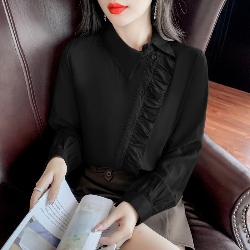 欧货荷叶边长袖衬衫女新款2025年秋款时尚小衫不规则设计感上衣服|undefined