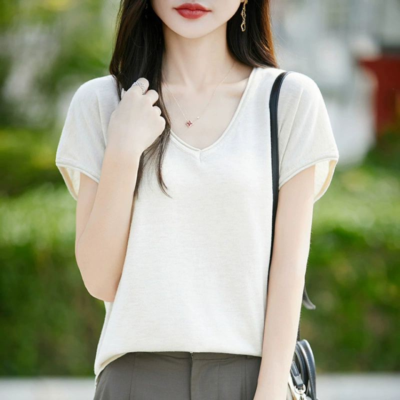2025 новая летняя тонкая дышащая футболка с v-образным вырезом из тенселя и льна, вязаная с короткими рукавами, женская свободная универсальная футболка для похудения, топ