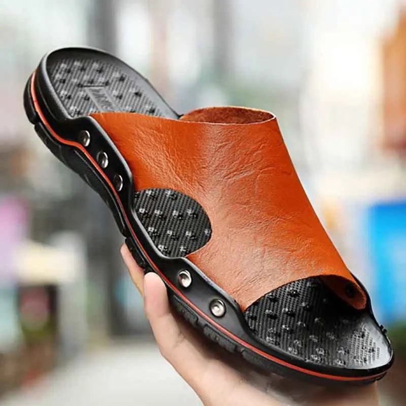 2022 Summer New Two-Layer Handgrasp Leather Men's Sandals Cross-Border Plus Size Fashion Trend Soft Sole One-Piece Beach Shoes