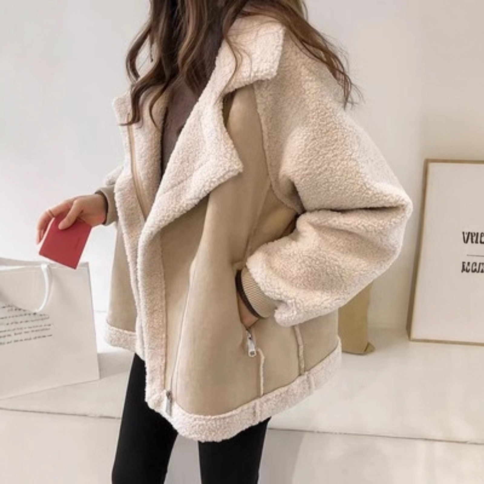 2026 Trendy Autumn and Winter Chic Loose Lamb Wool Jacket Women's Biker Jacket Double-Sided Woolen Slim Fit Outerwear
