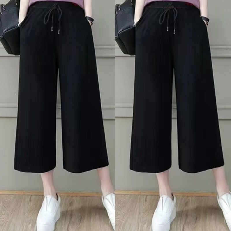 Women's Summer Thin Cropped Pants, Plus-Size Wide-Leg Pants, Loose Fit, Slimming, Korean Style, Versatile, Sporty Casual Straight-Leg Pants