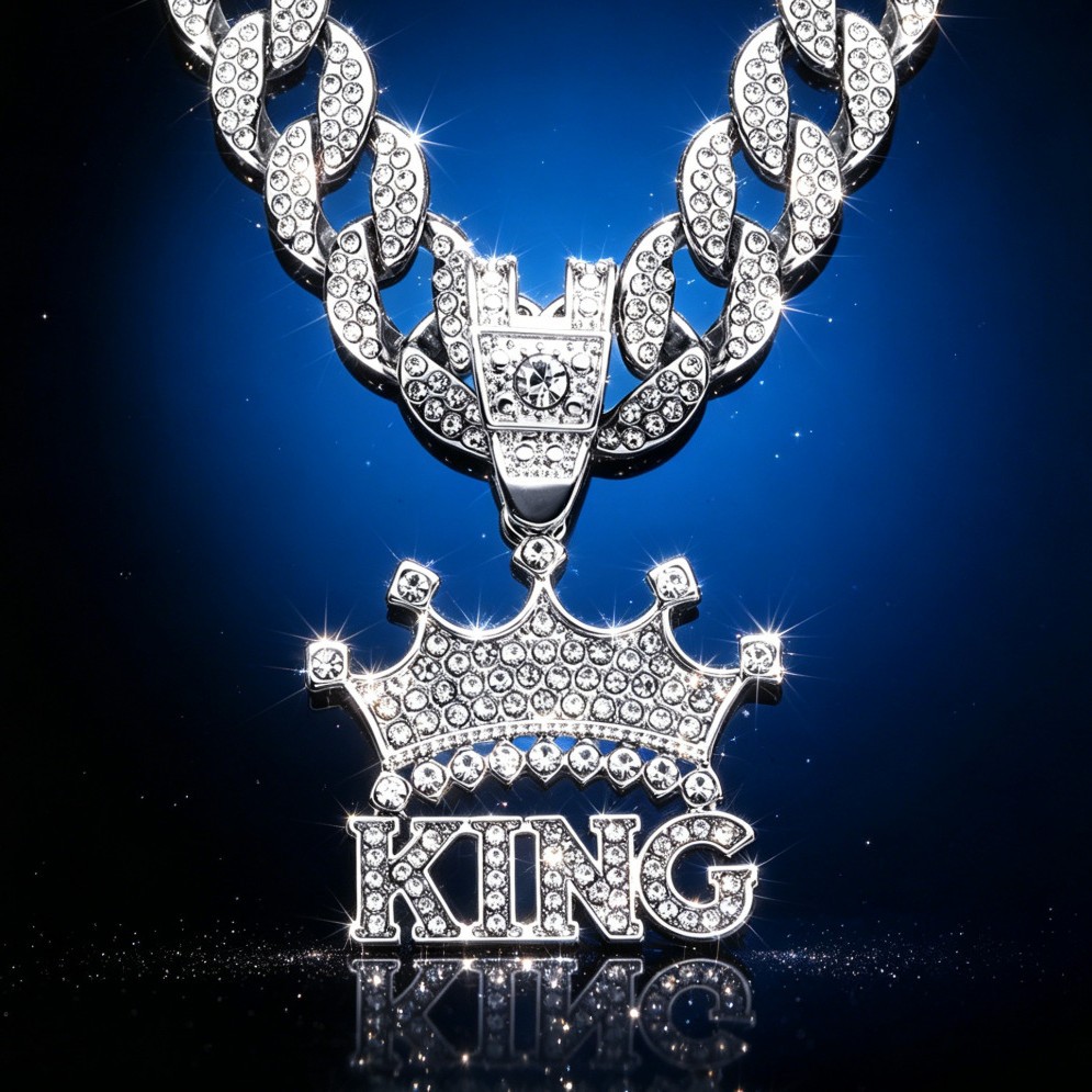 Collar con colgante de corona de rey con letras de diamantes completos, creativo y superventas transfronterizo, estilo hip-hop, con cadena cubana de aleación y pedrería.