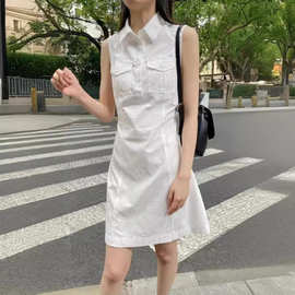 BM风翻领口袋工装裙无袖背心衬衫裙女bm中长裙子后背系带连衣裙夏
