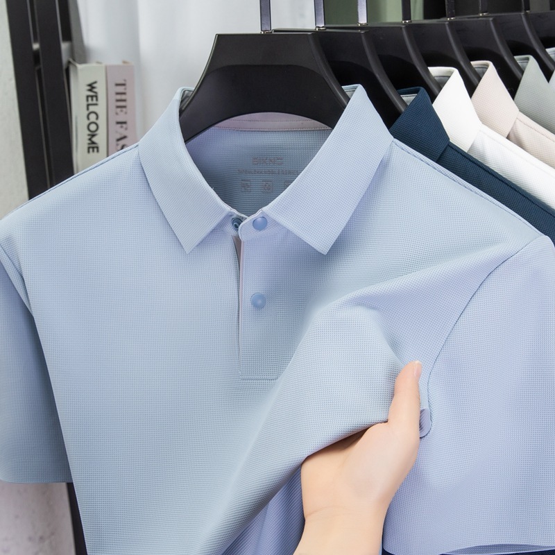 2025 新しい夏のメンズラペル半袖 Tシャツ無地シームレスアイスシルクポロシャツ通気性トップ|undefined