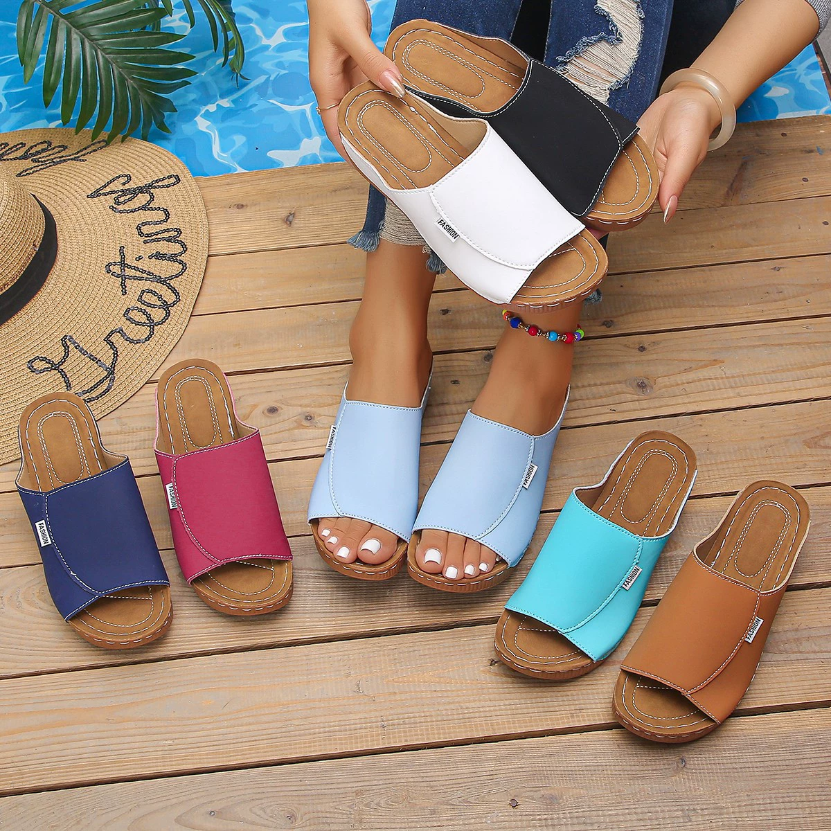 Летние женские тапочки 2025 года, новая внешнеторговая коллекция, на толстой подошве, большие размеры, широкая полоса, толстая подошва, модель «рыбий рот»