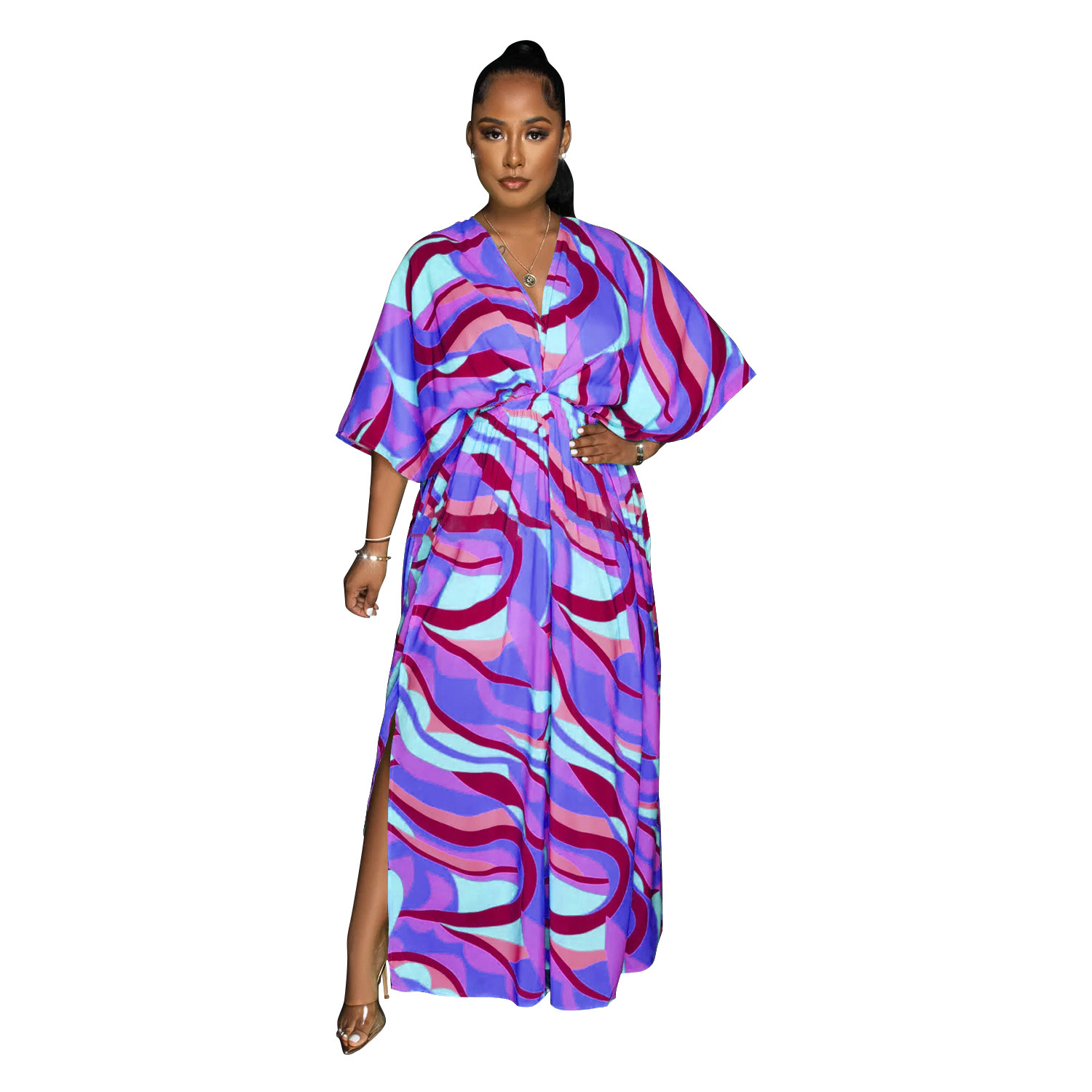X6615 transfronteriza AliExpress Amazon moda europea y americana de las mujeres con cuello en V vintage impreso vestido de hendidura vestido de las mujeres image 7