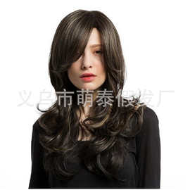 萌泰假发新款斜刘海长卷发挑色长卷发高温丝化纤发厂家现货批发