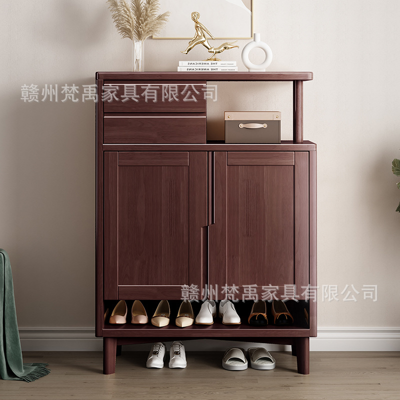 Walnut solid wood double door shoe cabinet Nordic modern minimalist small apartment entryway cabinet living room double opening storage cabinet