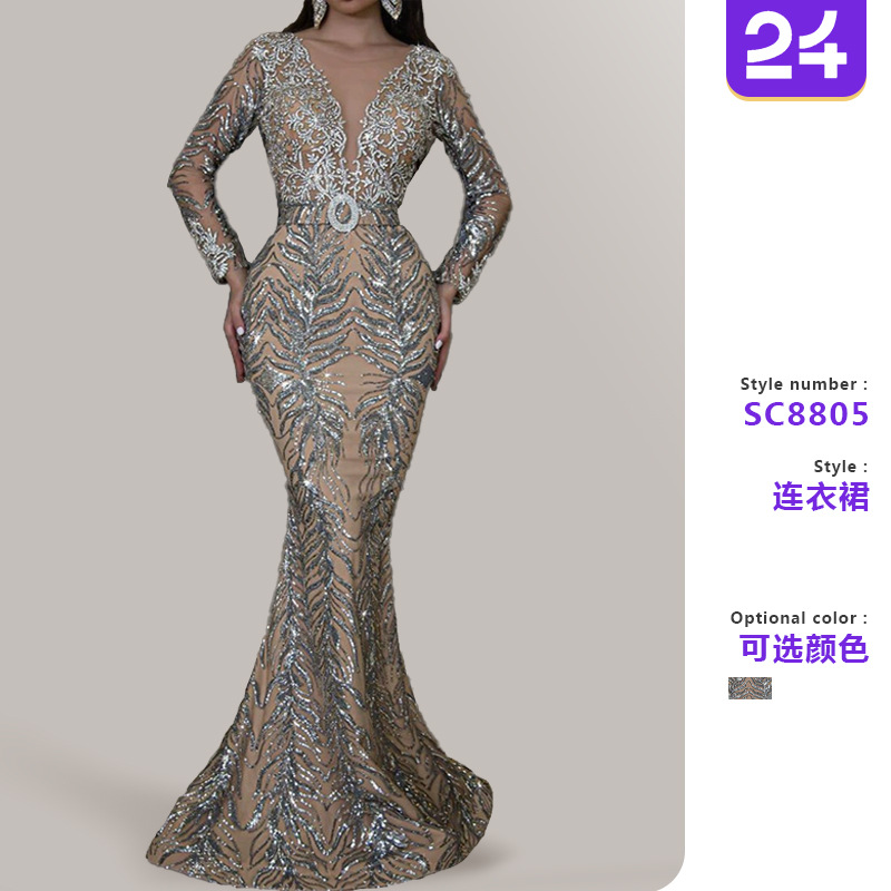 2025 New European and American Clothing Cross-Border Dress Bronzing Long-Sleeved Slim Sexy Fishtail Floor-Length Evening Dress
