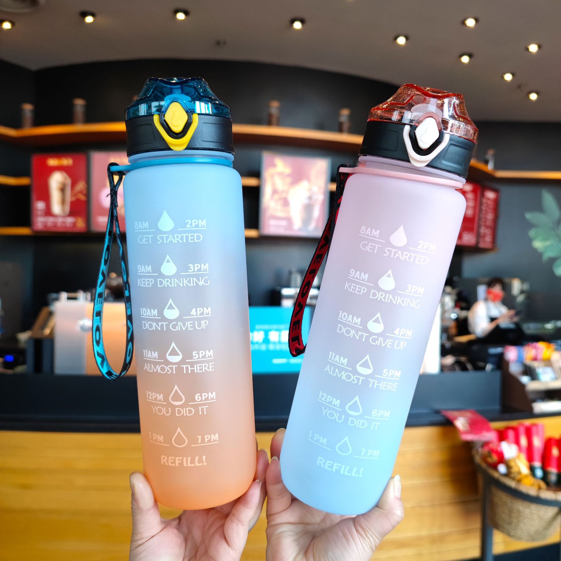 Gran capacidad botella de agua color degradado helado pato paja cuerda portátil deportes al aire libre taza de agua 1000ml