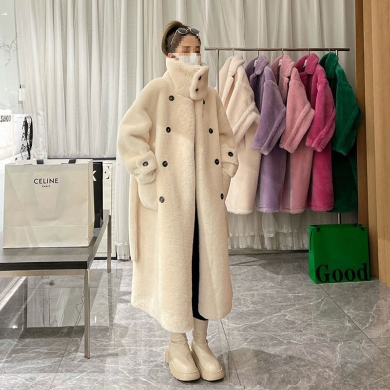 Women's Thick, Long, Versatile Korean Style Double-Breasted Stand Collar Lambswool Fur Coat