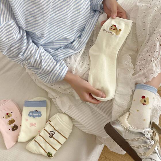 Cartoon Socks Children's Mid-length Socks Ins Trendy Spring and Autumn Japanese Style Cute College Style Bow Puppy Striped Stockings