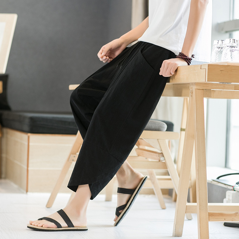 Pantalones recortados de algodón y lino de estilo chino de verano, pantalones anchos retro, pantalones cortos de lino de estilo chino casual de gran tamaño, hombres