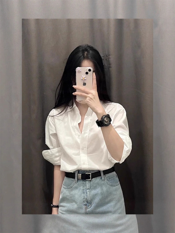 法式感白色衬衫女2025秋季新款棉衬衣设计感韩系穿搭上衣|undefined