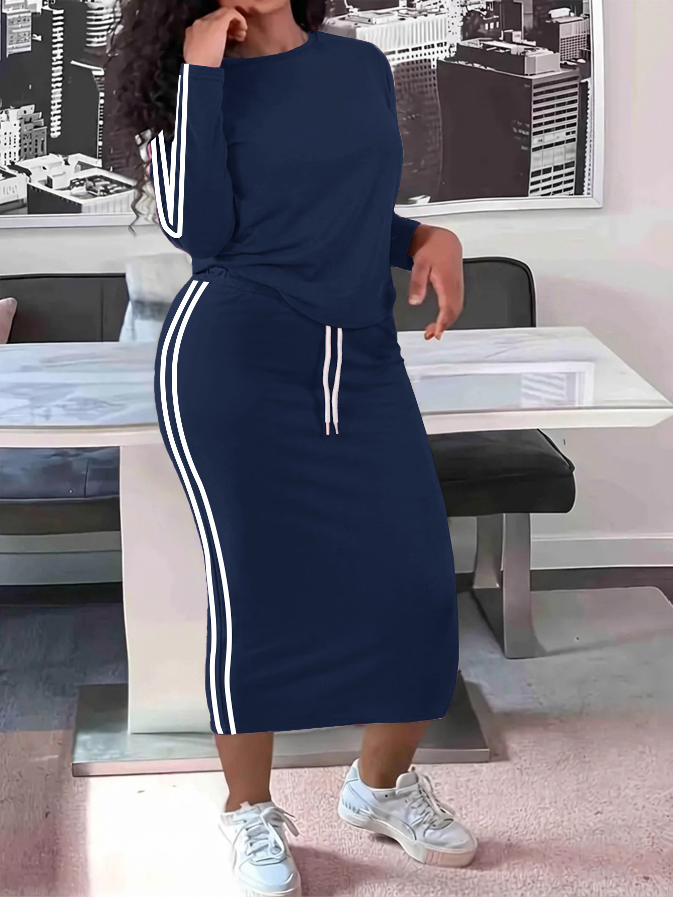 European and American cross-border in-stock exclusive: Round-neck long-sleeve top paired with a skirt, women's two-piece outfit, new autumn collection