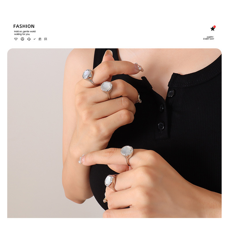 Retro Geometric Titanium Steel Plating Metal White Sea Shell Rings 1 Piece