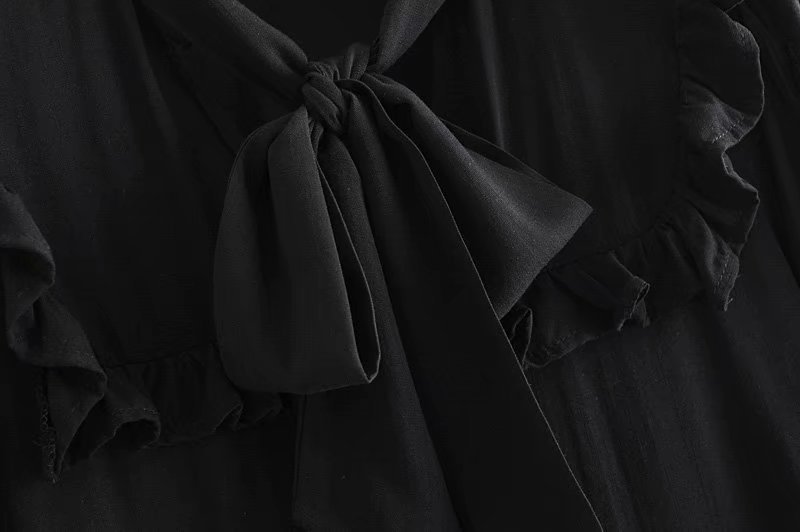 bow tie frill-trimmed black shirt dress  NSAM24017