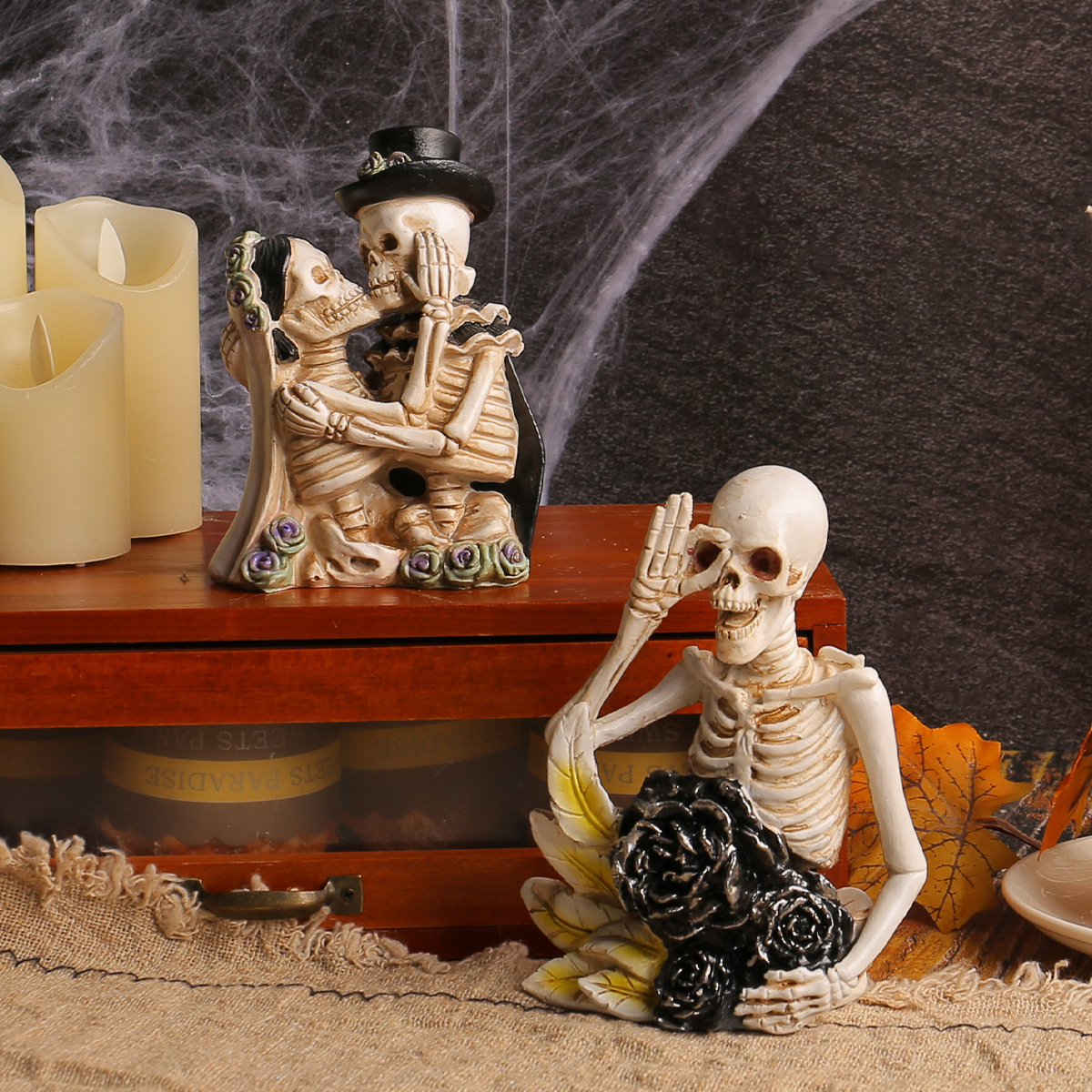 Adornos de personajes de calavera de dibujos animados de resina de Halloween, habitación secreta, casa embrujada, atmósfera divertida, adornos de resina de cráneo