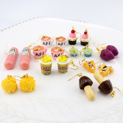 Japanese and Korean creative simulation food toy sausage popcorn cake sweet potato earrings cross-border personality interesting earrings for women