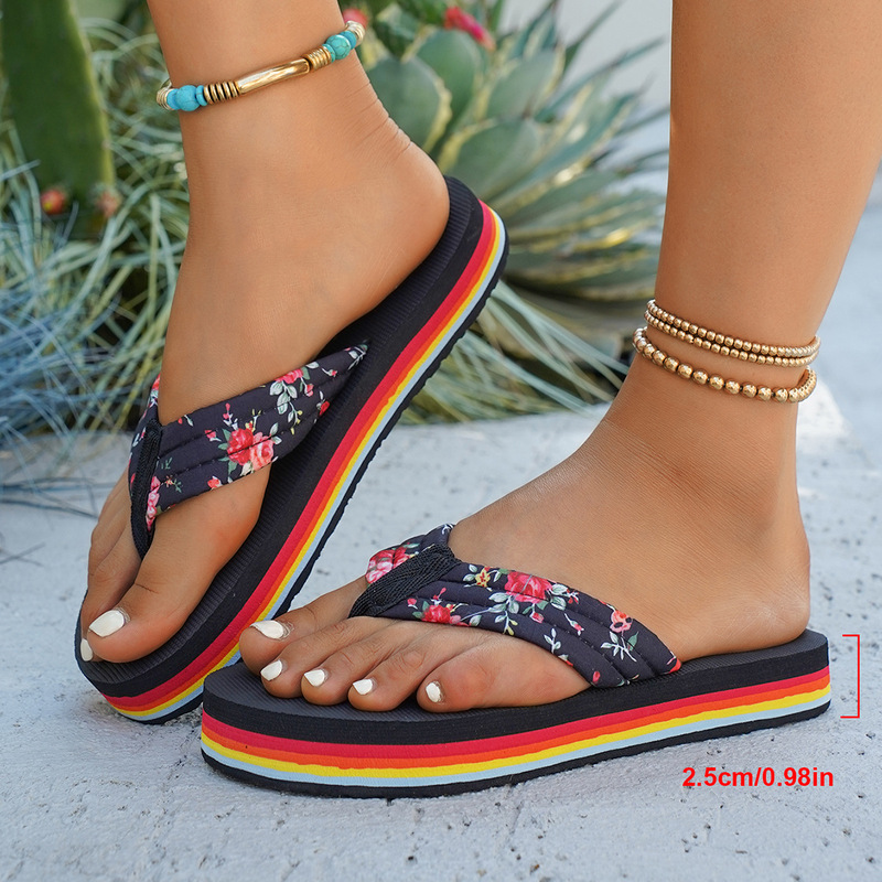 New Rainbow Flat Slippers for Women Summer Beach Non-Slip Flip-Flops for Women Floral Fashion Korean Style Outer Wear Sandals