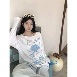 实拍~韩系慵懒风贝壳海星印花防晒罩衫斜肩薄款长袖t恤上衣女装