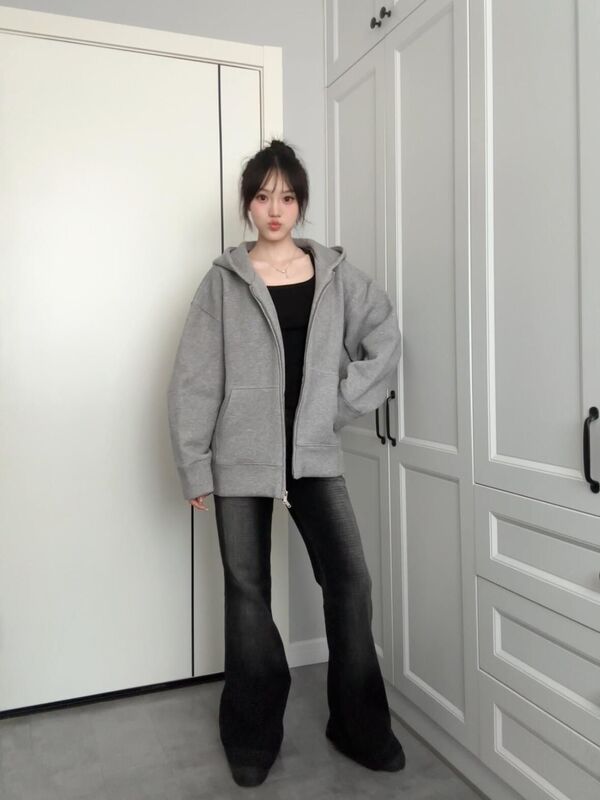 2025新款纯色连帽卫衣外套灰色开衫女春秋休闲宽松韩系慵懒风上衣|undefined